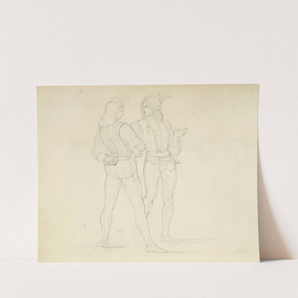 Two men wearing tights, doublets, belts with purses, and hats, Lucan Signorelli de Cartona 1439 by Stewart Watson