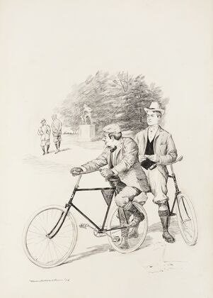 Two men with bicycles in a park. (1896) — size preview