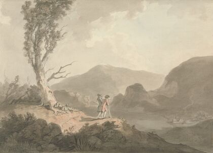 Two Men with Telescope Looking Across A River