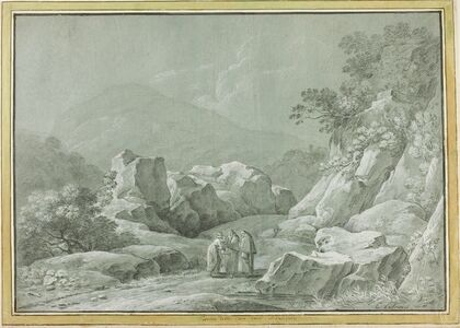 Two Monks giving Water to a Woman and Child in the Wilderness