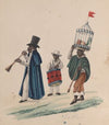Two musicians and a man carrying on his head a rooster in cage