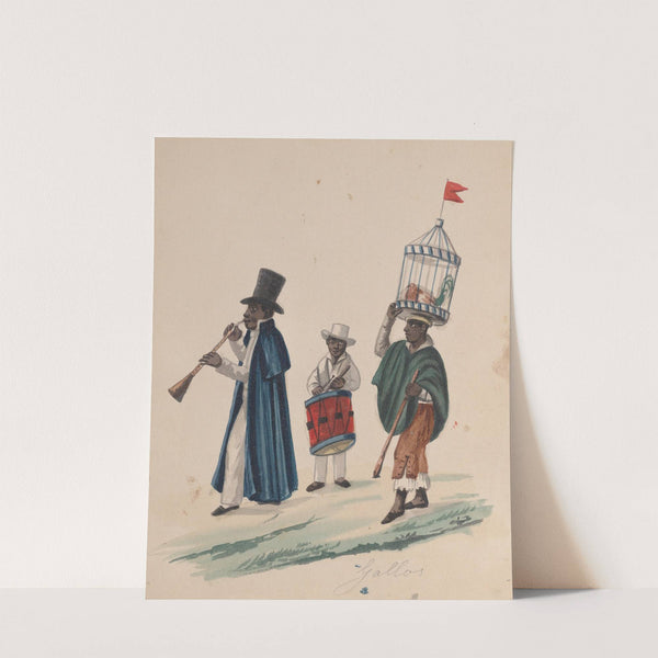 Two musicians and a man carrying on his head a rooster in cage by Francisco Fierro