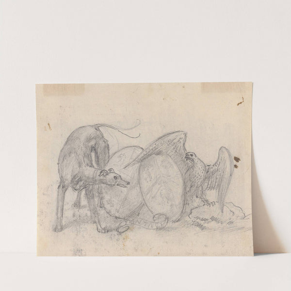 Two overlapping Coats of Arms, flanked by an eagle and dog. by Sawrey Gilpin