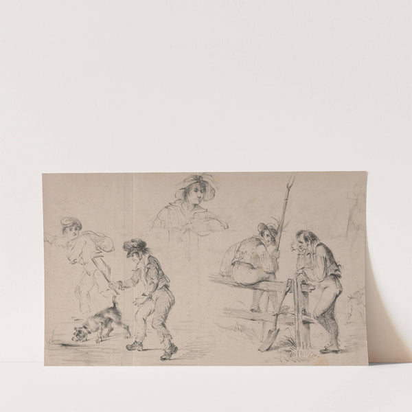 Two peasants resting on a fence; a woman; two children playing with a dog by Felix Octavius Carr Darley
