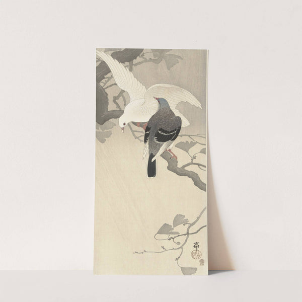 Two pigeons on a branch by Ohara Koson