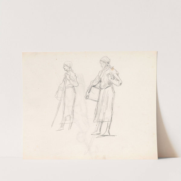Two sketches of a country woman with a pail, sketch for the painting “Going hunting” (1883) by Jozef Brandt