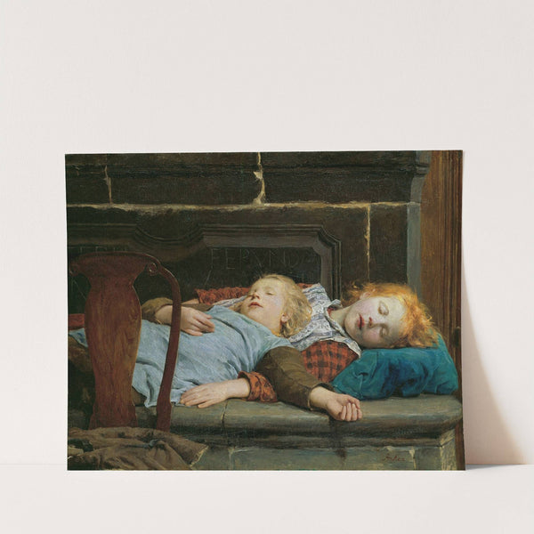 Two sleeping girls on the stove bench (1895) by Albert Anker