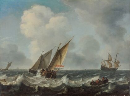 Two ‘smalschips’ and a rowing boat on choppy waters, a man-of-war and another sailing vessels beyond, a town on the horizon