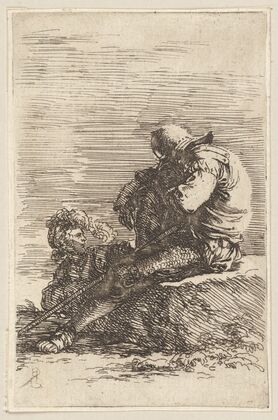 Two Soldiers, One Seated on a Ledge, Holding a Cane