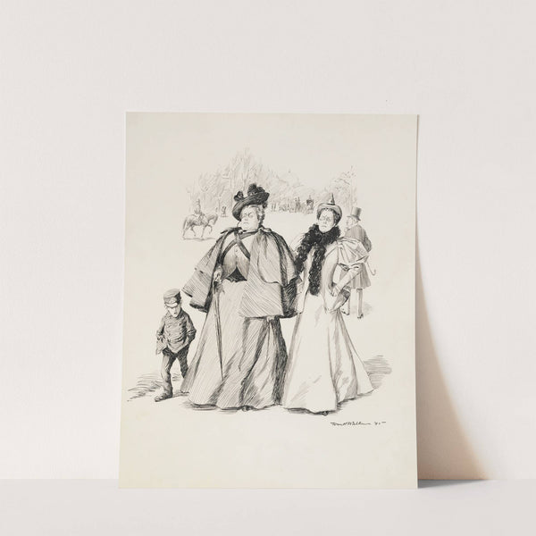 Two stern women walking in a park with a young, talkative boy. (1896) by William Henry Walker