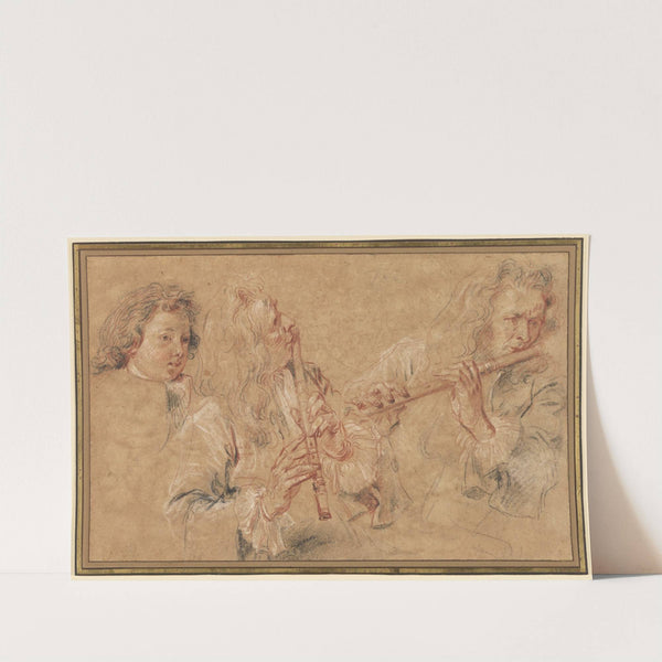 Two Studies of a Flutist and a Study of the Head of a Boy by Jean-Antoine Watteau