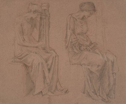 Two studies of a seated girl playing a sitar