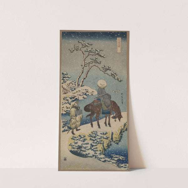 Two travelers, one on horseback, on a precipice or natural bridge during a snowstorm by Katsushika Hokusai