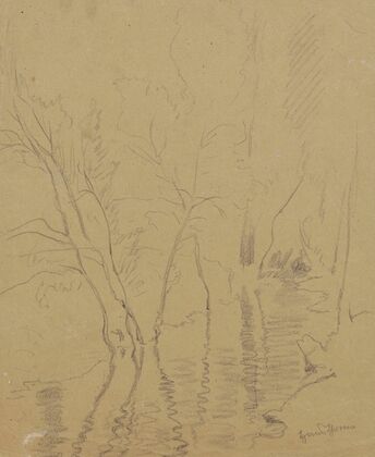 Two trees growing by a river and reflected in the water (1890 - 1900)