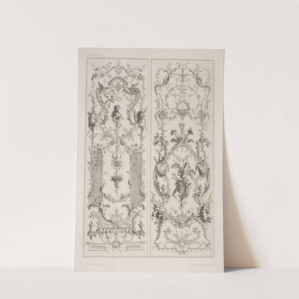 Two vertical designs featuring cherub crowning a bust portrait with wreath (1875-1890) by André-Charles Boulle
