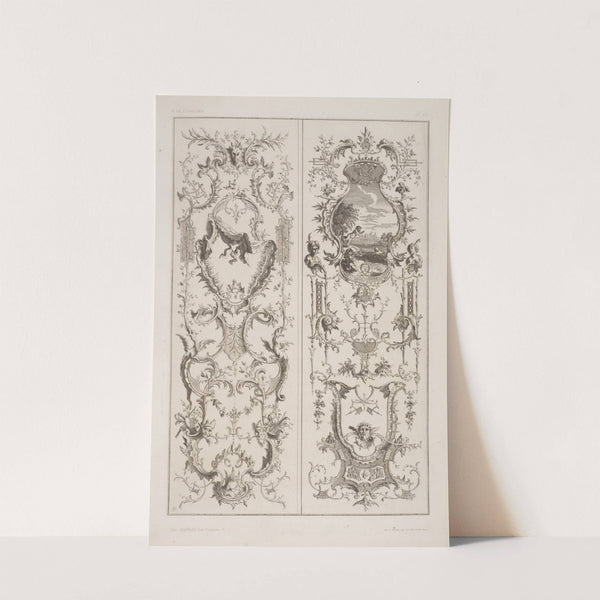 Two vertical designs featuring scene of cherubs by a lake (1875-1890) by André-Charles Boulle