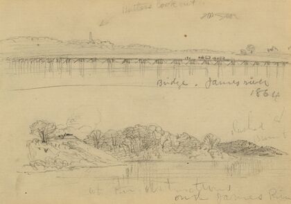 Two views of military works on the James River in 1864