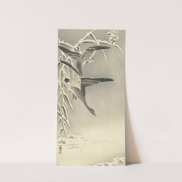 Two white-fronted geese in snowy landscape, by Ohara Koson