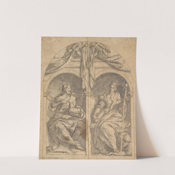 Two Wings of an Altarpiece depicting Saints John the Baptist and Catherine in Niches Surmounted by Angels by Jan van Scorel