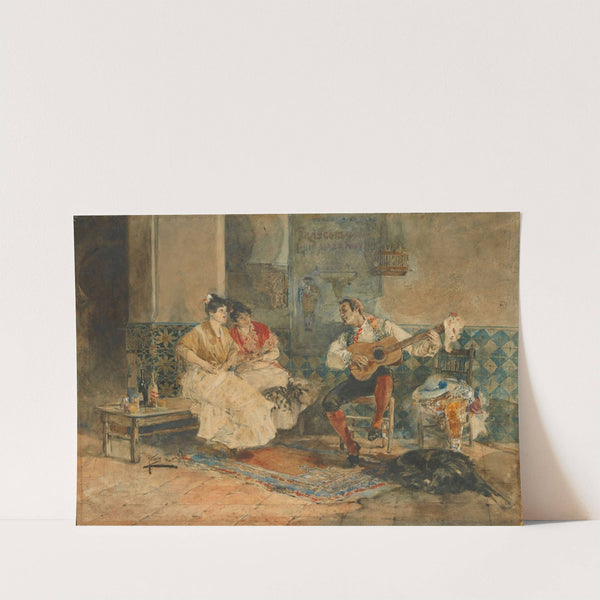 Two women in an interior listening to a guitarist by Joaquín Sorolla
