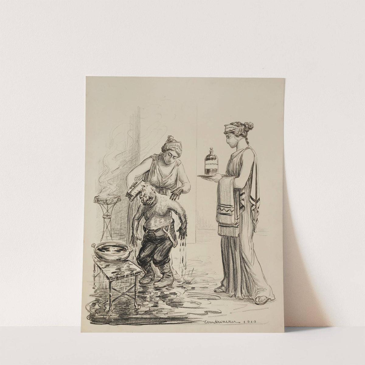 Two women, representing Civilization and Democracy, wear surgical masks and scrub down Kaiser Wilhelm II with disinfectant (1919) by William Henry Walker