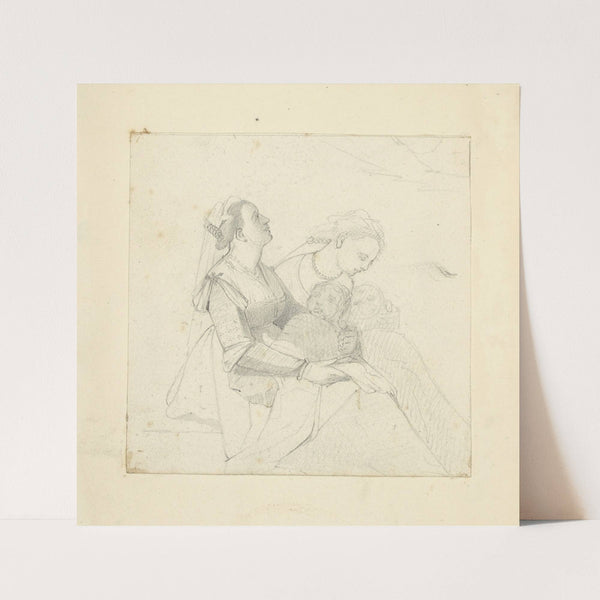Two women seated, wearing veiled head pieces, each holding an infant (1840) by Stewart Watson