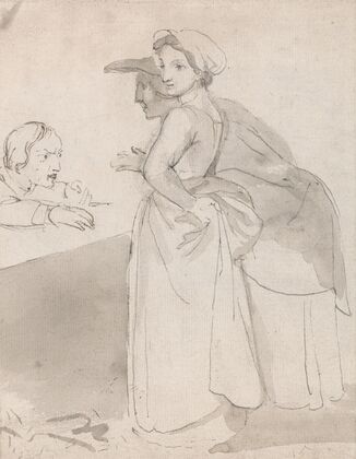 Two Women Talking to a Man at a Counter