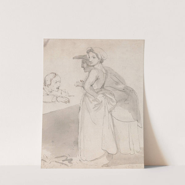 Two Women Talking to a Man at a Counter by John Flaxman