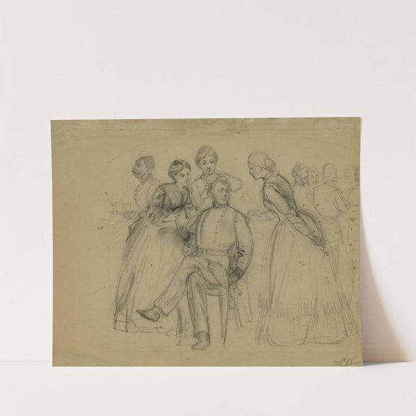 Two women trimming a man's hair by Alfred Rudolph Waud
