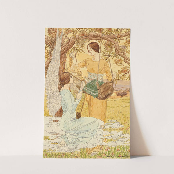 Two women with a cradle, one of them winged by Carlos Schwabe