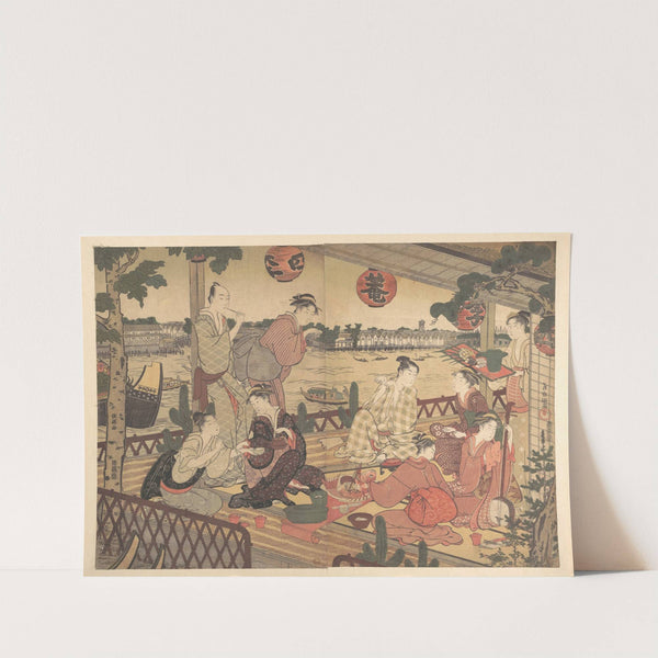 Two Young Men and Several Women Dining at a Tea-house on the Bank of the Sumida River (ca. 1788) by Kubo Shunman