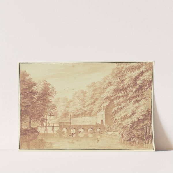 Über ein Wasser führt eine Steinbrücke von fünf Bögen nach einem Parktor, auf dem Wasser zwei Schwäne by Gerard van Rossum