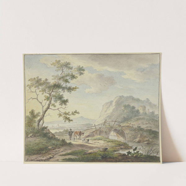 Über eine steinerne Brücke geht ein Mann, auf dem Weg ein Bauer mit einer Kuh und Schafen by Johannes Christiaan Janson