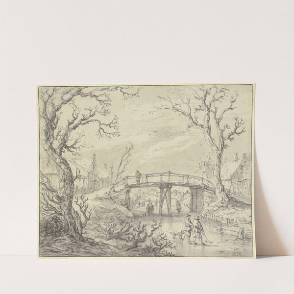 Über einen zugefrorenen Kanal bei einem Dorf eine Holzbrücke, vorne zwei Männer mit einem Hund by Aert van der Neer