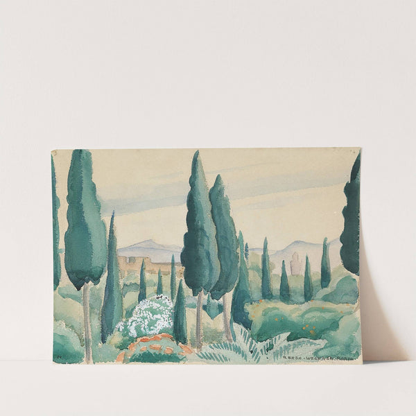 Udsigt over marokkansk landskab, i forgrunden pinjer by Gerda Wegener