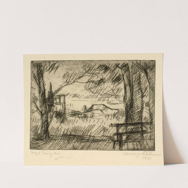 Udsigt over vand fra en beskygget sti med en bænk (1931) by Henry Nielsen