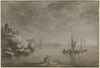 Uferlandschaft mit Felsen, einer Ruine und einem Hafenstädtchen