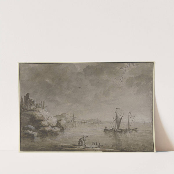 Uferlandschaft mit Felsen, einer Ruine und einem Hafenstädtchen by Johann Ludwig Ernst Morgenstern