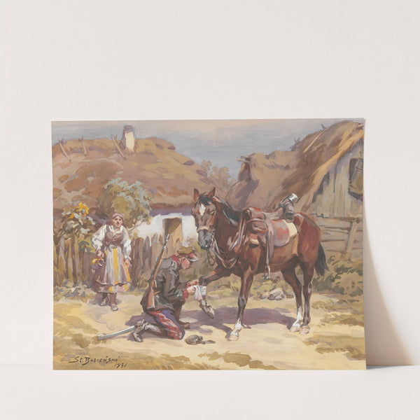 Ułan opatrujący konia by Stanisław Bagieński