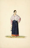 Woman in blue apron, plaid skirt, pink and white striped shirt, white shawl; holding scarf (1843)