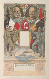 Umkränzte Brustbilder Franz Josephs I. und Wilhelms II., darunter huldigende Soldaten Österreichs, Deutschlands und der Türkei, Fahnen und Wappen dieser Länder (1915)