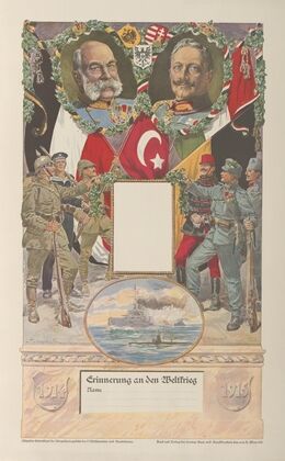 Umkränzte Brustbilder Franz Josephs I. und Wilhelms II., darunter huldigende Soldaten Österreichs, Deutschlands und der Türkei, Fahnen und Wappen dieser Länder (1915)