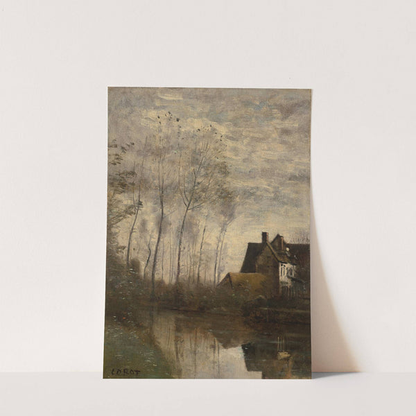 Un coin de rivière avec maison et peupliers by Jean-Baptiste-Camille Corot
