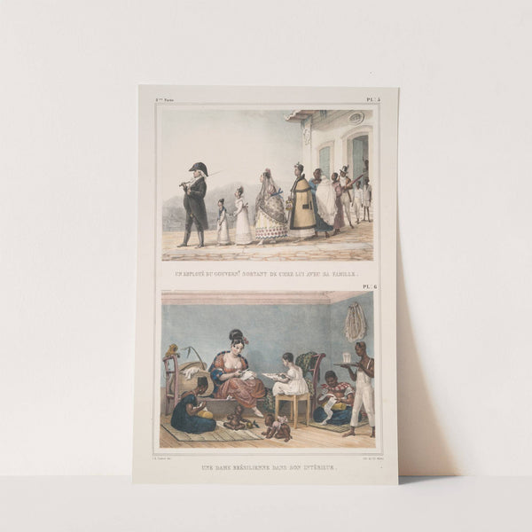 Un employé du gouvernement sortant de chez lui avec sa famille; Une dame brésilienne dans son intérieur by Jean Baptiste Debret