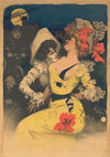 Un pierrot et une jeune femme en robe jaune, en haut à gauche, un moulin et un agent de police à byciclette (1900)