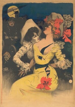 Un pierrot et une jeune femme en robe jaune, en haut à gauche, un moulin et un agent de police à byciclette (1900)