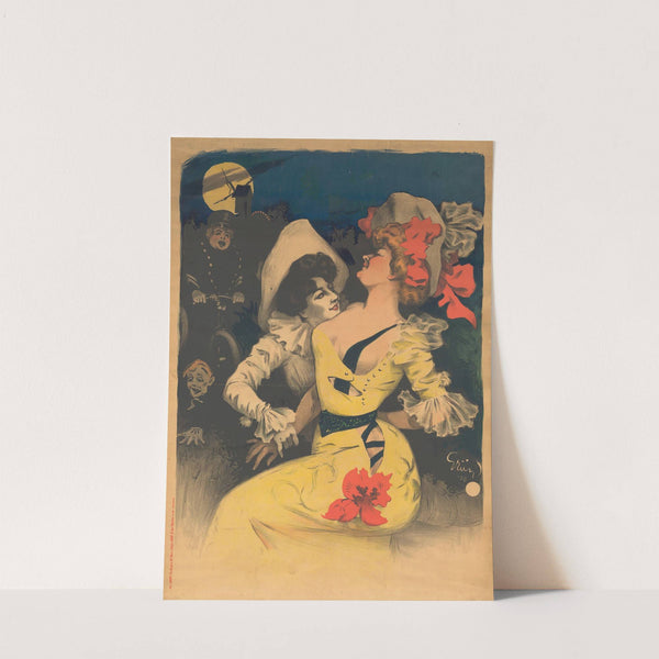 Un pierrot et une jeune femme en robe jaune, en haut à gauche, un moulin et un agent de police à byciclette (1900) by Jules-Alexandre Grün