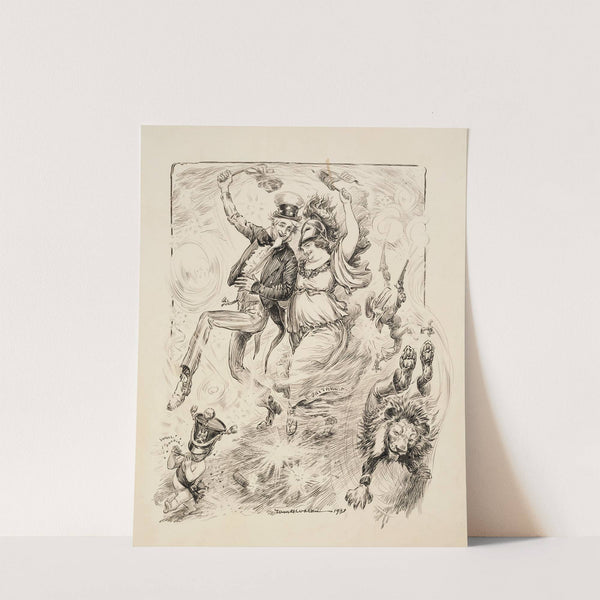 Uncle Sam and a woman representing Britain walk arm-in-arm in a procession, carrying each other’s flags. (1903) by William Henry Walker