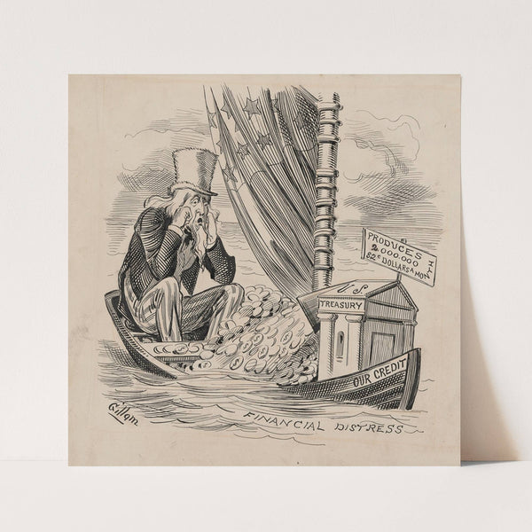 Uncle Sam and the U.S. Treasury aboard boat ‘Our Credit,’ sink into sea of ‘Financial Distress’ (1883) by Bernard Gillam