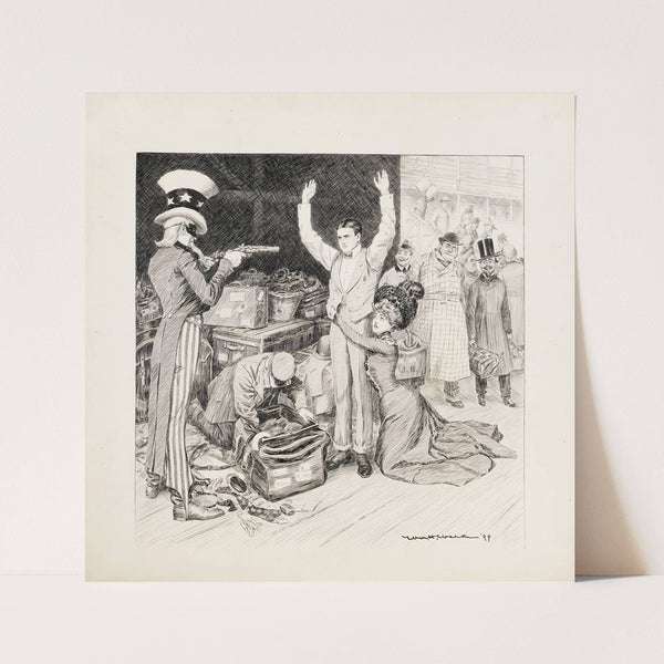 Uncle Sam as a bandit holds up a young couple at customs (1898) by William Henry Walker
